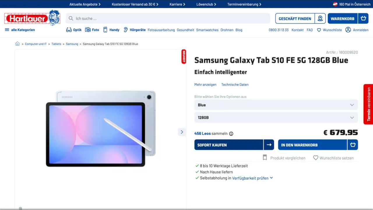 Не анонсированный Galaxy Tab S10 FE у австрийского ритейлера