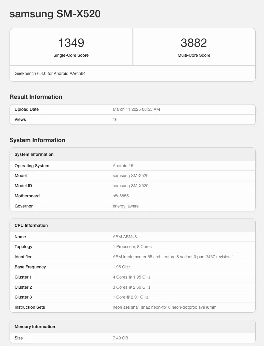 Samsung Galaxy Tab S10 FE Geekbench