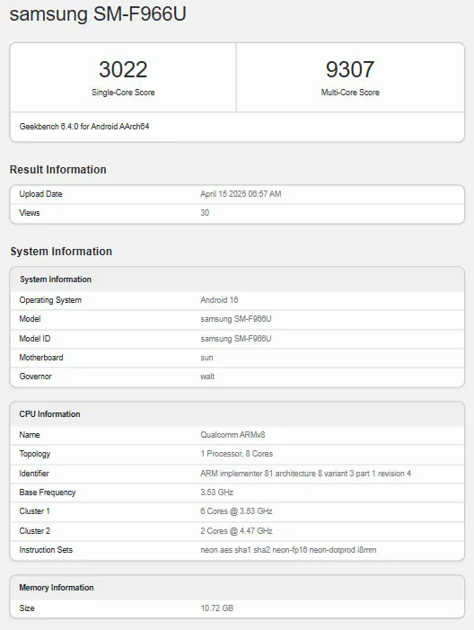 Galaxy Z Fold 7 с One UI 8 и Android 16 в Geekbench