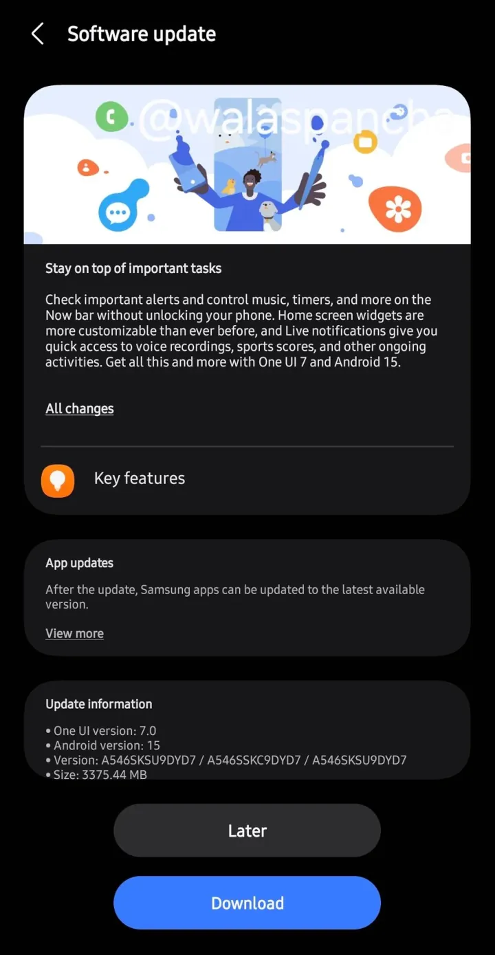 Samsung Galaxy A54 обновление One UI 7.0 Android 15 Южная Корея