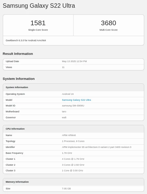 Samsung Galaxy S22 Ultra One UI 8 Geekbench