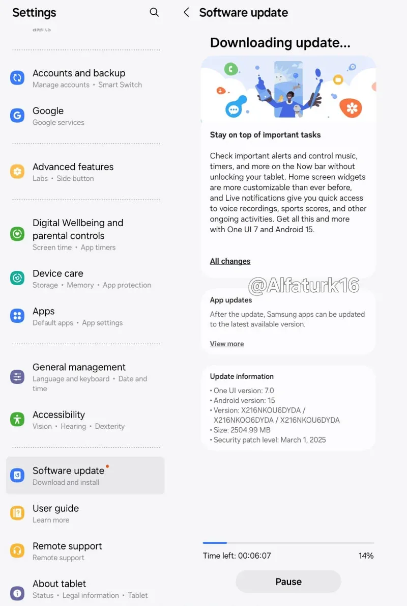Samsung Galaxy Tab A9 обновление One UI 7