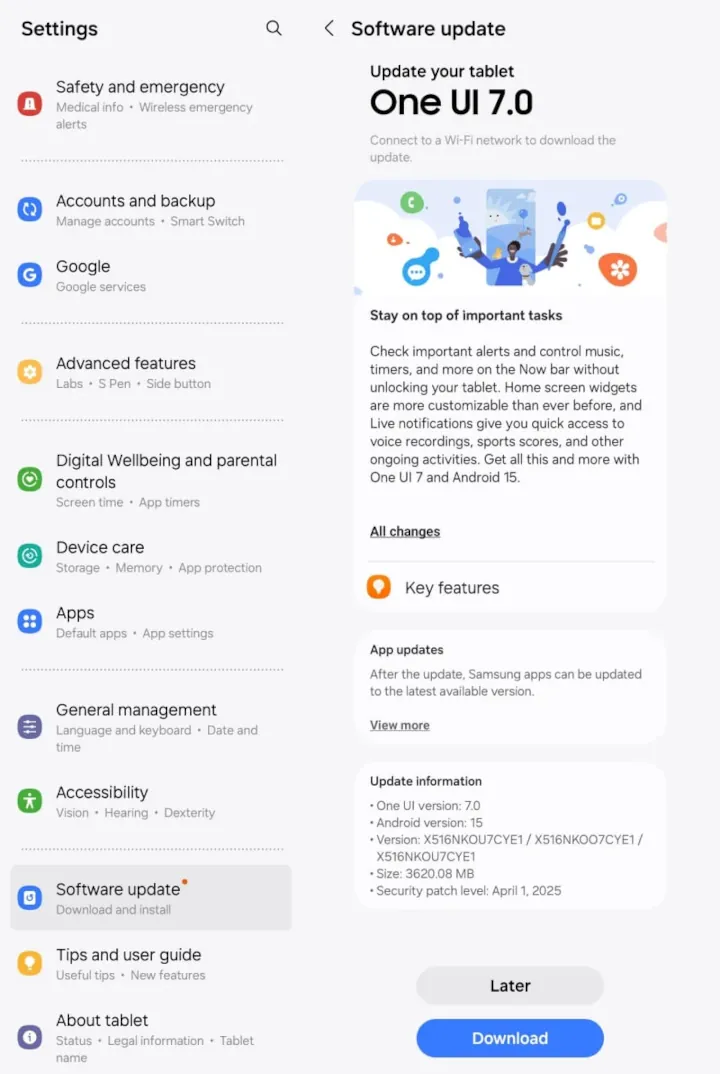 Samsung Galaxy Tab S9 FE One UI 7 обновление
