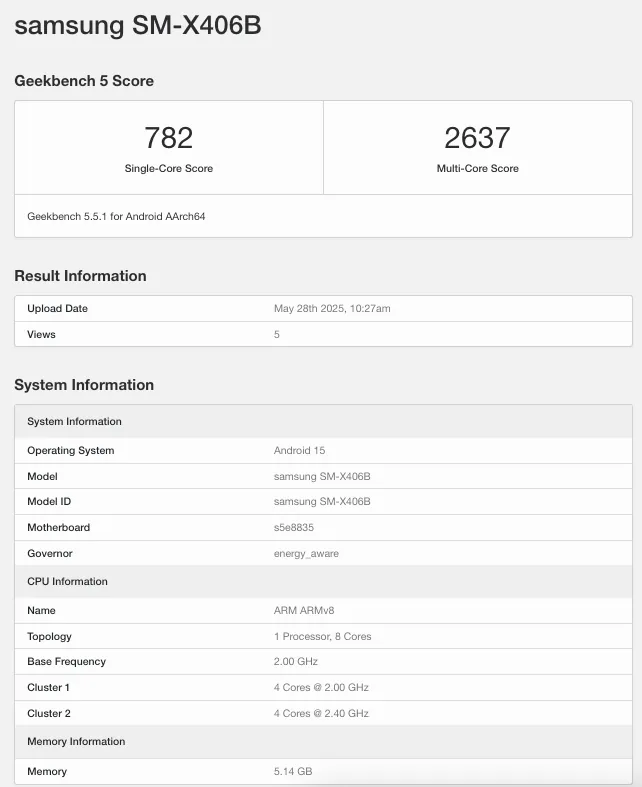 Samsung Galaxy Tab S10 Lite Geekbench