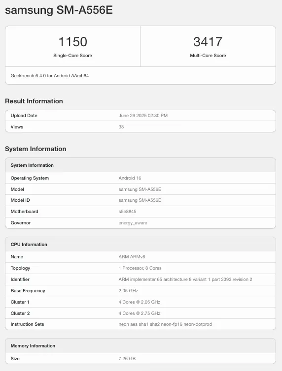 Galaxy A55 One UI 8 Geekbench
