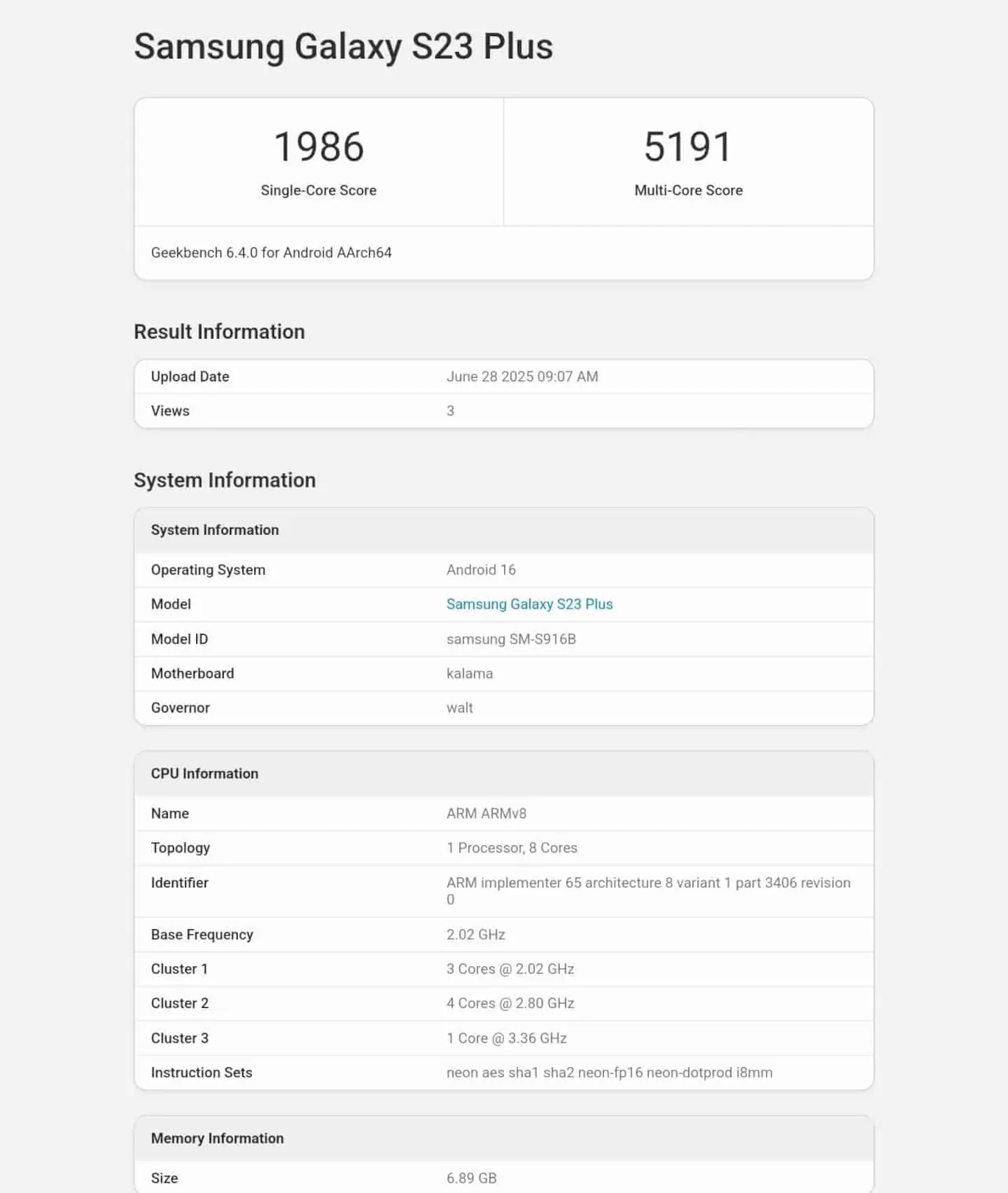 Samsung Galaxy S23 Plus One UI 8 Geekbench