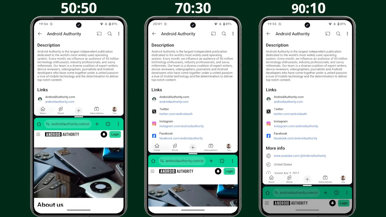 Samsung One UI 8 разделение экрана 50:50, 70:30 и 90:10.