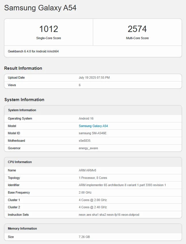 Samsung Galaxy A54 Android 16 One UI 8 Geekbench